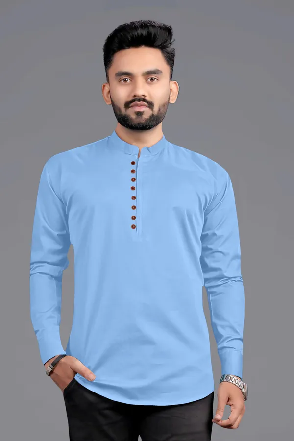 Light_Blue_Cotton_Blend_Mandarin|Chinese_Neck_Full_Sleeve_Hip_Length_Solid_Shirt_Style_Straight_Kurta_For_Men