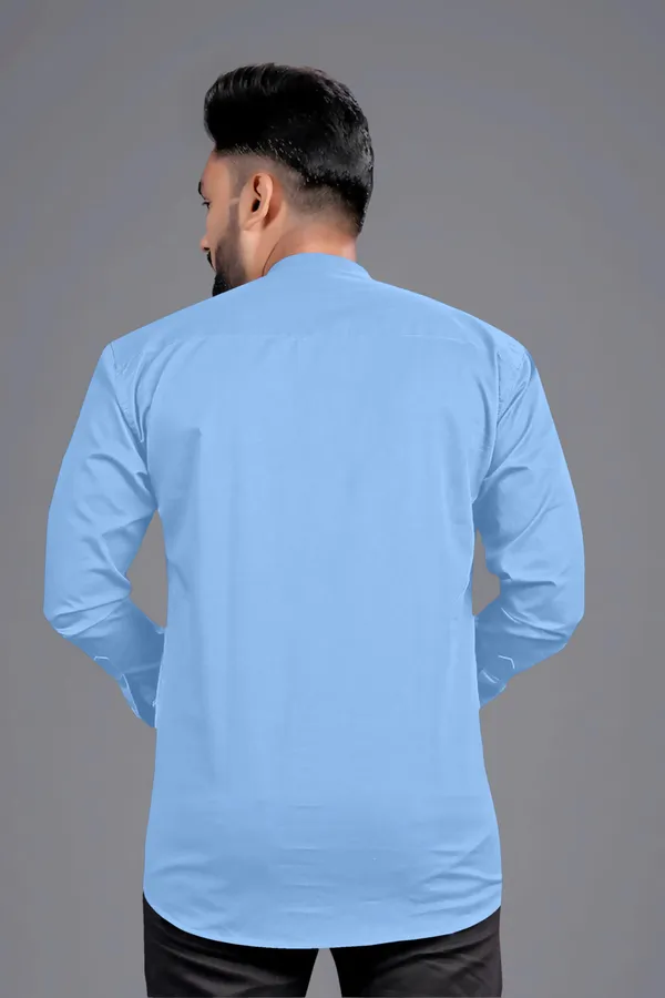 Light_Blue_Cotton_Blend_Mandarin|Chinese_Neck_Full_Sleeve_Hip_Length_Solid_Shirt_Style_Straight_Kurta_For_Men