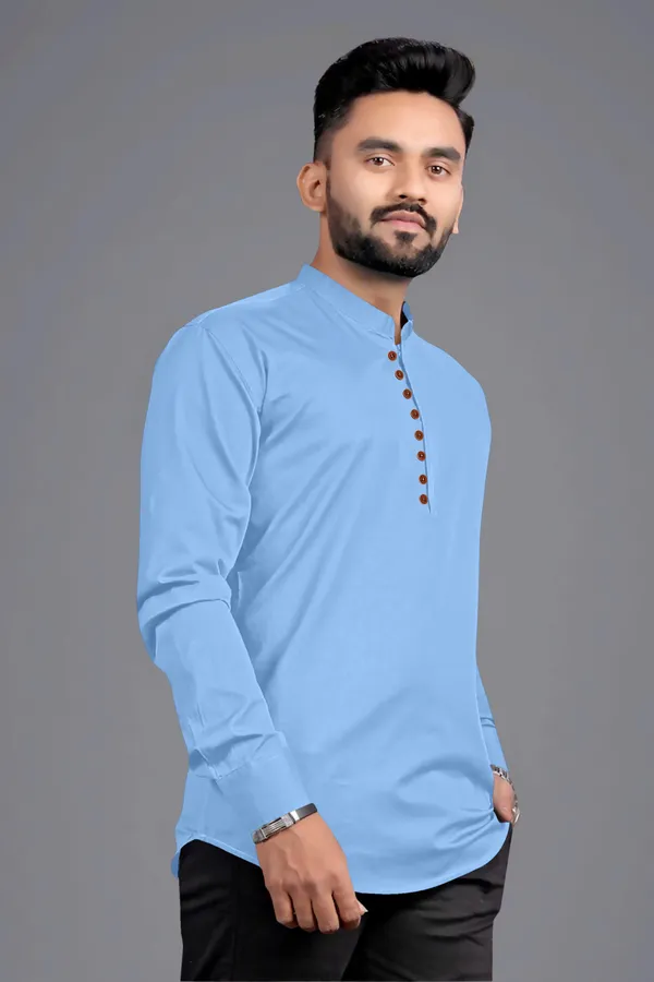 Light_Blue_Cotton_Blend_Mandarin|Chinese_Neck_Full_Sleeve_Hip_Length_Solid_Shirt_Style_Straight_Kurta_For_Men