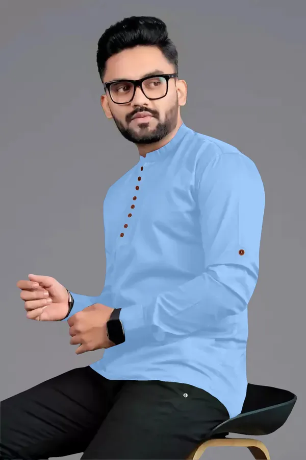 Light_Blue_Cotton_Blend_Mandarin|Chinese_Neck_Full_Sleeve_Hip_Length_Solid_Shirt_Style_Straight_Kurta_For_Men