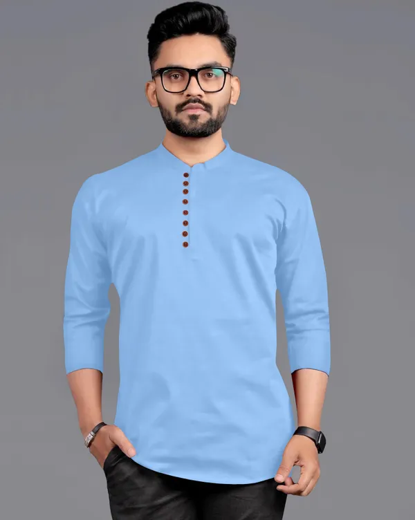 Light_Blue_Cotton_Blend_Mandarin|Chinese_Neck_Full_Sleeve_Hip_Length_Solid_Shirt_Style_Straight_Kurta_For_Men