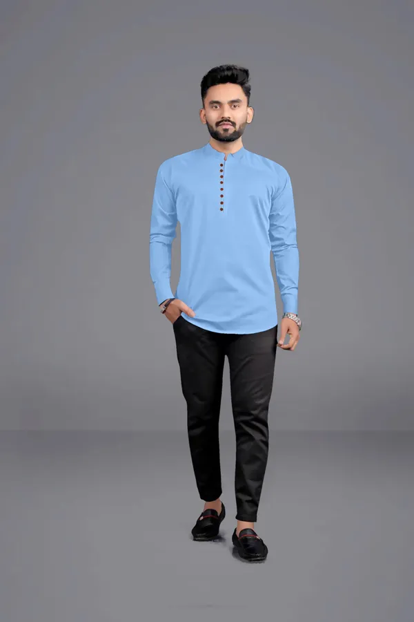 Light_Blue_Cotton_Blend_Mandarin|Chinese_Neck_Full_Sleeve_Hip_Length_Solid_Shirt_Style_Straight_Kurta_For_Men