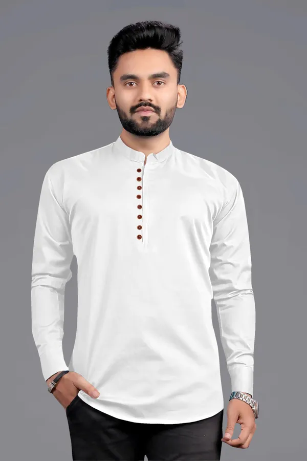 White_Cotton_Blend_Mandarin|Chinese_Neck_Full_Sleeve_Hip_Length_Solid_Shirt_Style_Straight_Kurta_For_Men