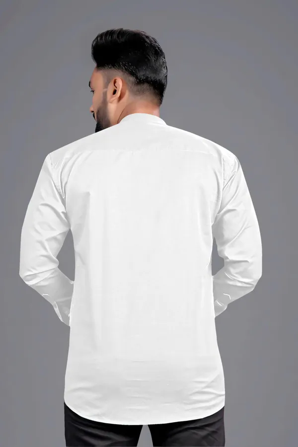 White_Cotton_Blend_Mandarin|Chinese_Neck_Full_Sleeve_Hip_Length_Solid_Shirt_Style_Straight_Kurta_For_Men