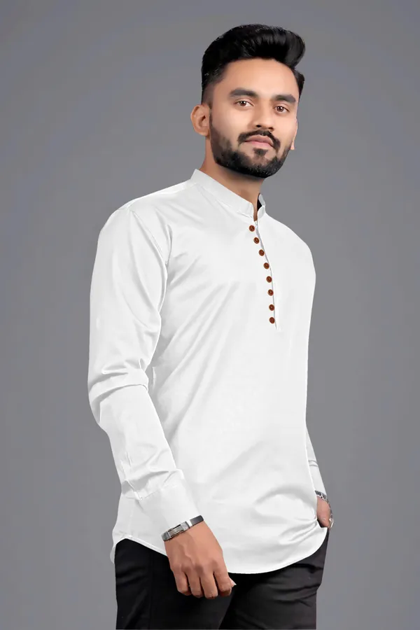 White_Cotton_Blend_Mandarin|Chinese_Neck_Full_Sleeve_Hip_Length_Solid_Shirt_Style_Straight_Kurta_For_Men
