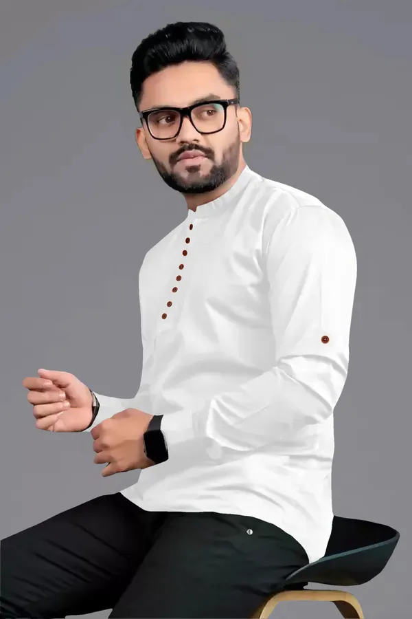 White_Cotton_Blend_Mandarin|Chinese_Neck_Full_Sleeve_Hip_Length_Solid_Shirt_Style_Straight_Kurta_For_Men