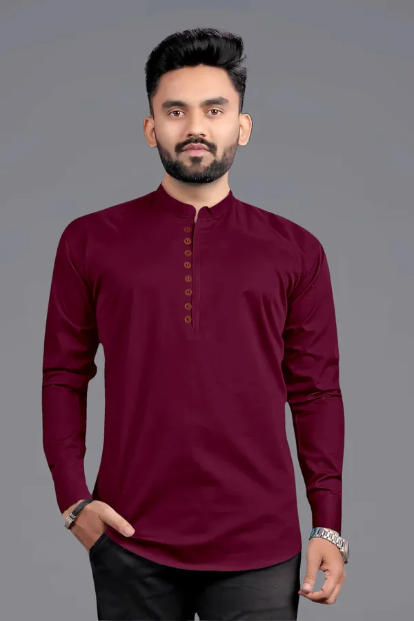 Maroon_Cotton_Blend_Mandarin|Chinese_Neck_Full_Sleeve_Hip_Length_Solid_Shirt_Style_Straight_Kurta_For_Men