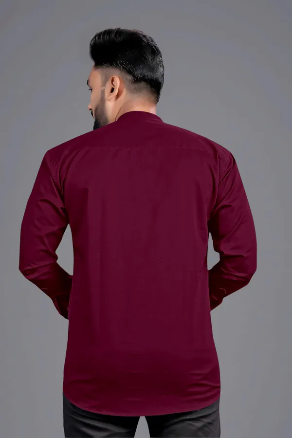 Maroon_Cotton_Blend_Mandarin|Chinese_Neck_Full_Sleeve_Hip_Length_Solid_Shirt_Style_Straight_Kurta_For_Men