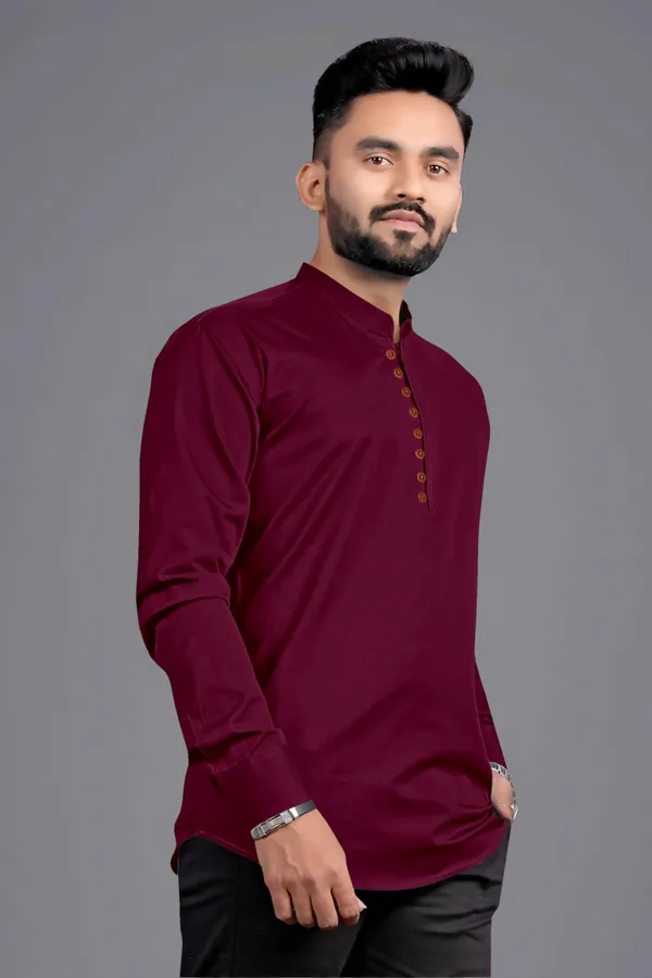 Maroon_Cotton_Blend_Mandarin|Chinese_Neck_Full_Sleeve_Hip_Length_Solid_Shirt_Style_Straight_Kurta_For_Men