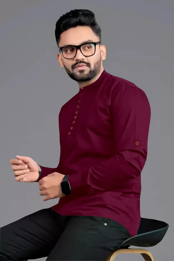 Maroon_Cotton_Blend_Mandarin|Chinese_Neck_Full_Sleeve_Hip_Length_Solid_Shirt_Style_Straight_Kurta_For_Men