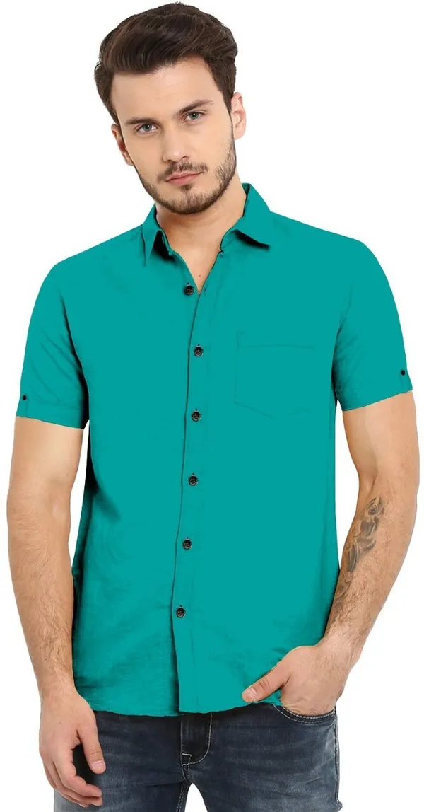 Green_Cotton_Blend_Slim_Fit_Short_Sleeve_Solid_Hip_Length_Shirt_For_Men