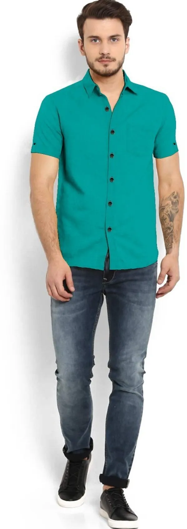 Green_Cotton_Blend_Slim_Fit_Short_Sleeve_Solid_Hip_Length_Shirt_For_Men