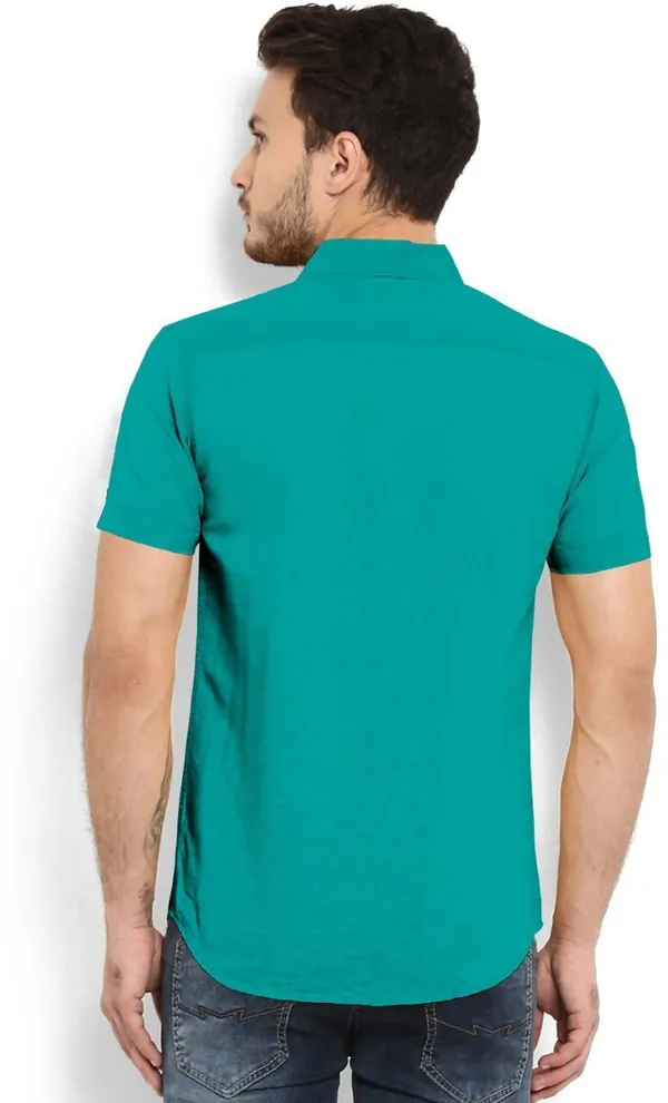 Green_Cotton_Blend_Slim_Fit_Short_Sleeve_Solid_Hip_Length_Shirt_For_Men