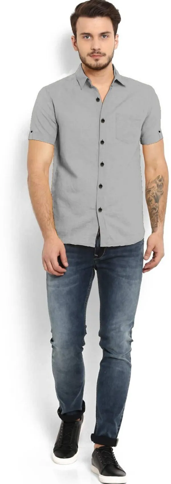 Grey_Cotton_Blend_Slim_Fit_Short_Sleeve_Solid_Hip_Length_Shirt_For_Men