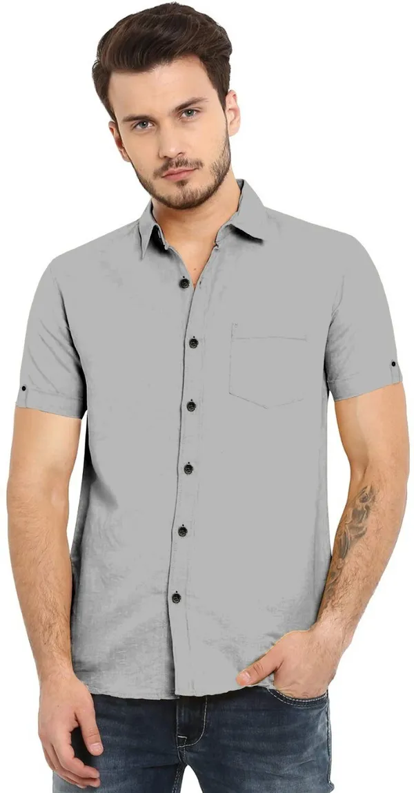 Grey_Cotton_Blend_Slim_Fit_Short_Sleeve_Solid_Hip_Length_Shirt_For_Men