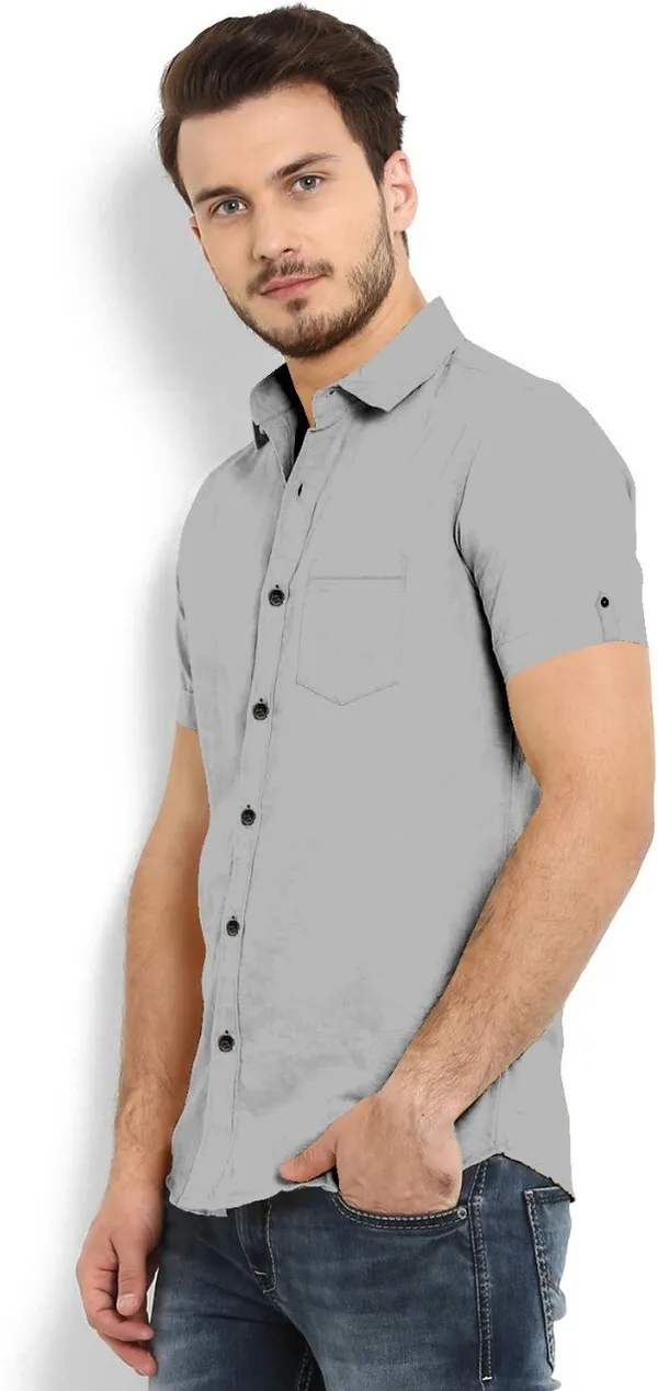 Grey_Cotton_Blend_Slim_Fit_Short_Sleeve_Solid_Hip_Length_Shirt_For_Men