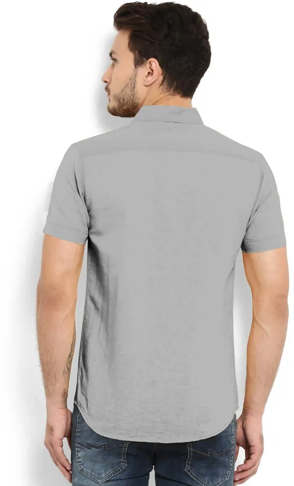 Grey_Cotton_Blend_Slim_Fit_Short_Sleeve_Solid_Hip_Length_Shirt_For_Men