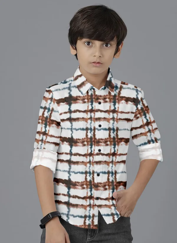 White_&_Brown_Cotton_Blend_Regular_Fit_Full_Sleeve_Printed_Long_Shirt_For_Boys