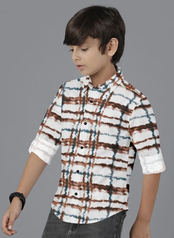 White_&_Brown_Cotton_Blend_Regular_Fit_Full_Sleeve_Printed_Long_Shirt_For_Boys
