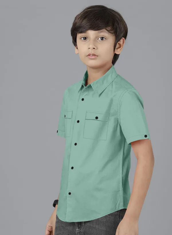 Aqua_Green_Cotton_Blend_Regular_Fit_Half_Sleeve_Solid_Long_Shirt_For_Boys