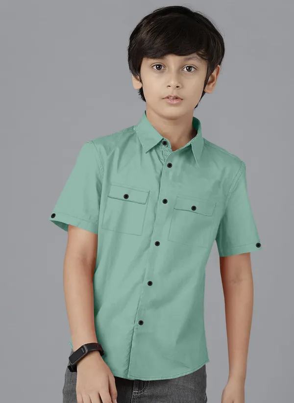 Aqua_Green_Cotton_Blend_Regular_Fit_Half_Sleeve_Solid_Long_Shirt_For_Boys