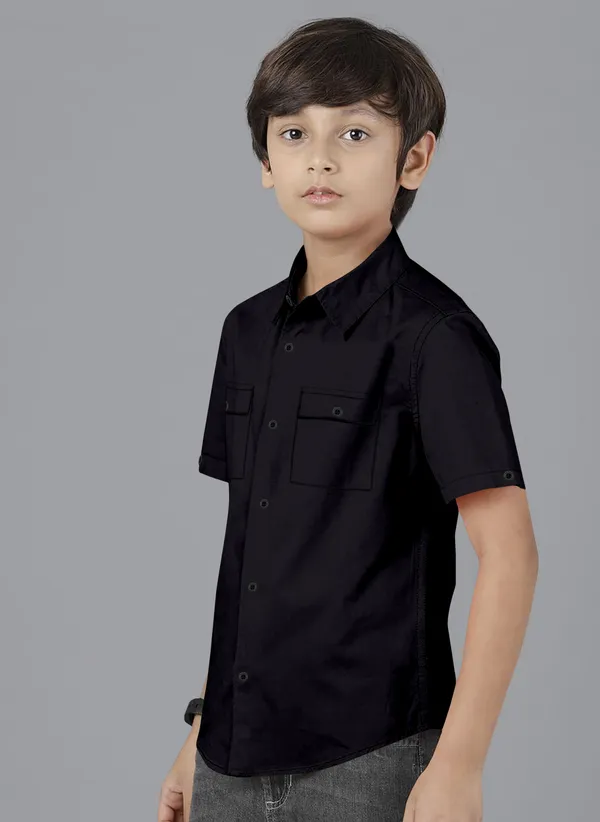 Black_Cotton_Blend_Regular_Fit_Half_Sleeve_Solid_Long_Shirt_For_Boys