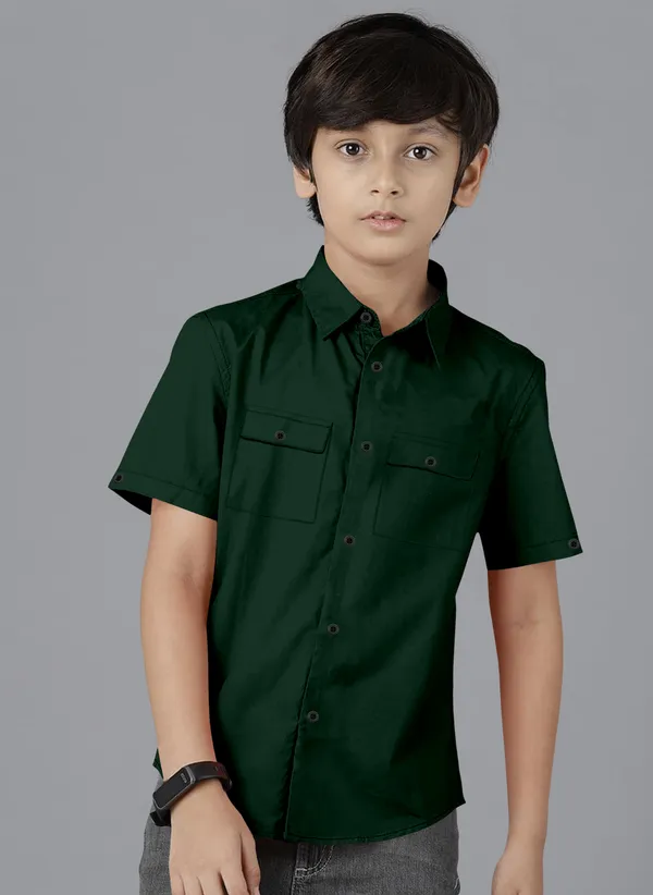 Dark_Green_Cotton_Blend_Regular_Fit_Half_Sleeve_Solid_Long_Shirt_For_Boys
