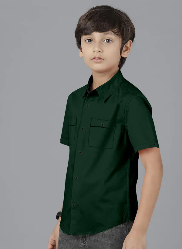 Dark_Green_Cotton_Blend_Regular_Fit_Half_Sleeve_Solid_Long_Shirt_For_Boys