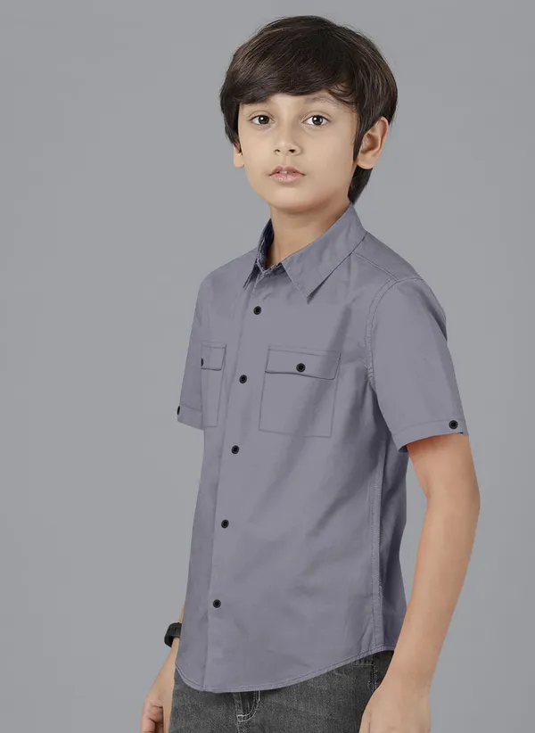Grey_Cotton_Blend_Regular_Fit_Half_Sleeve_Solid_Long_Shirt_For_Boys