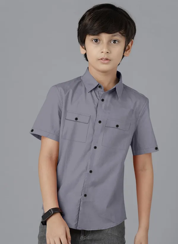 Grey_Cotton_Blend_Regular_Fit_Half_Sleeve_Solid_Long_Shirt_For_Boys