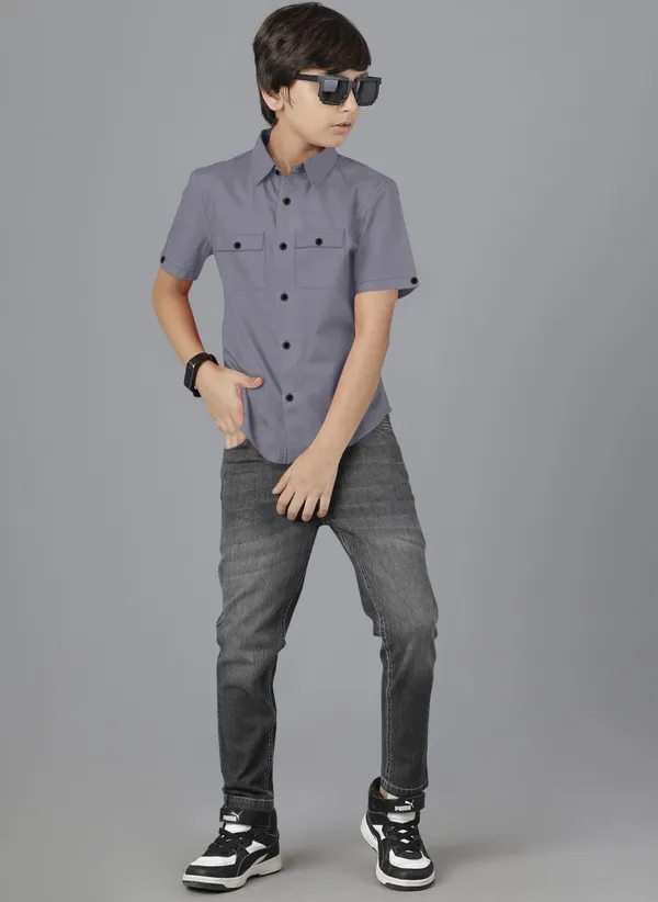 Grey_Cotton_Blend_Regular_Fit_Half_Sleeve_Solid_Long_Shirt_For_Boys