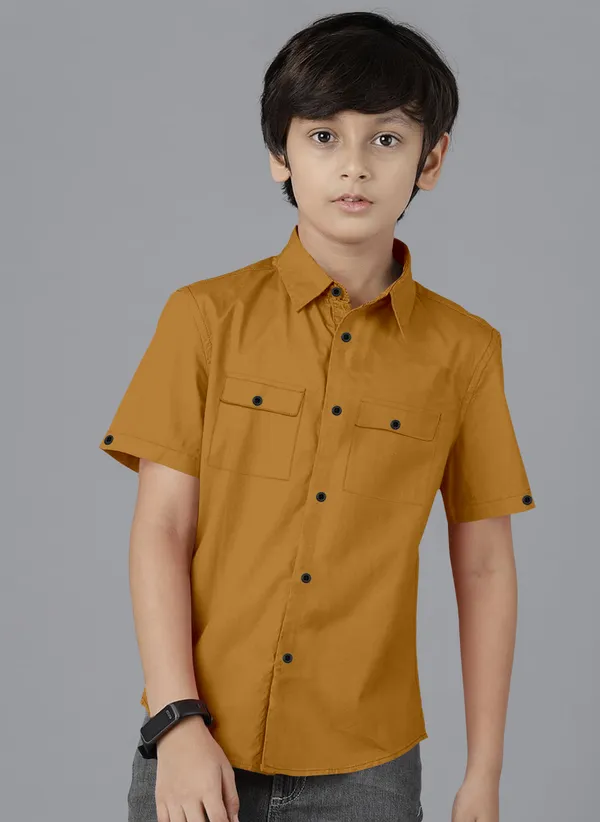 Yellow_Cotton_Blend_Regular_Fit_Half_Sleeve_Solid_Long_Shirt_For_Boys