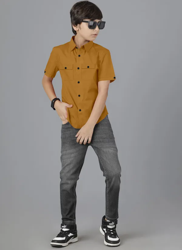 Yellow_Cotton_Blend_Regular_Fit_Half_Sleeve_Solid_Long_Shirt_For_Boys