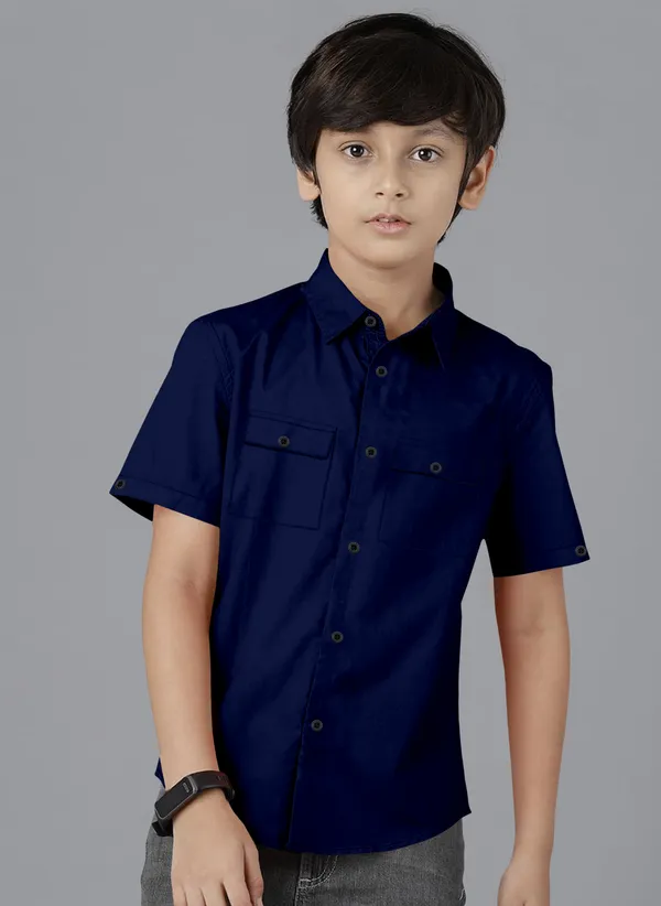 Dark_Blue_Cotton_Blend_Regular_Fit_Half_Sleeve_Solid_Long_Shirt_For_Boys