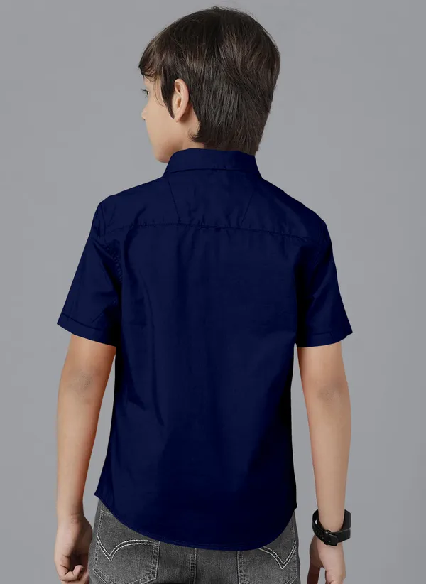 Dark_Blue_Cotton_Blend_Regular_Fit_Half_Sleeve_Solid_Long_Shirt_For_Boys