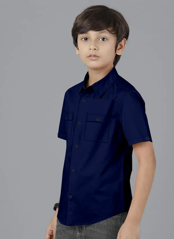 Dark_Blue_Cotton_Blend_Regular_Fit_Half_Sleeve_Solid_Long_Shirt_For_Boys