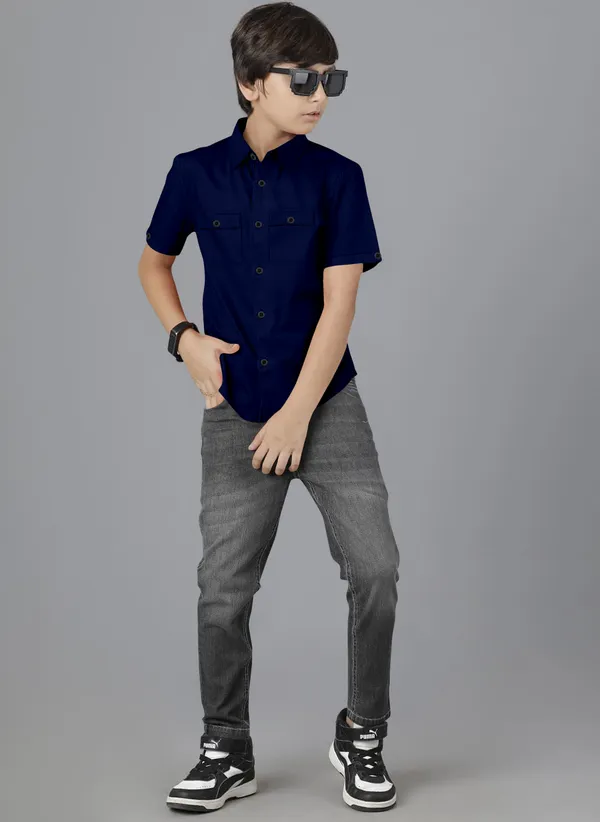 Dark_Blue_Cotton_Blend_Regular_Fit_Half_Sleeve_Solid_Long_Shirt_For_Boys
