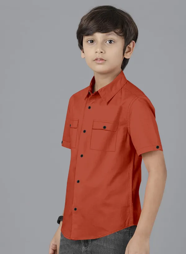 Orange_Cotton_Blend_Regular_Fit_Half_Sleeve_Solid_Long_Shirt_For_Boys