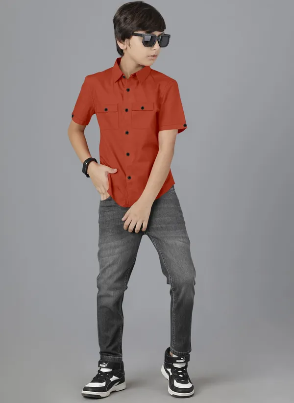 Orange_Cotton_Blend_Regular_Fit_Half_Sleeve_Solid_Long_Shirt_For_Boys