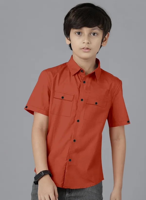 Orange_Cotton_Blend_Regular_Fit_Half_Sleeve_Solid_Long_Shirt_For_Boys