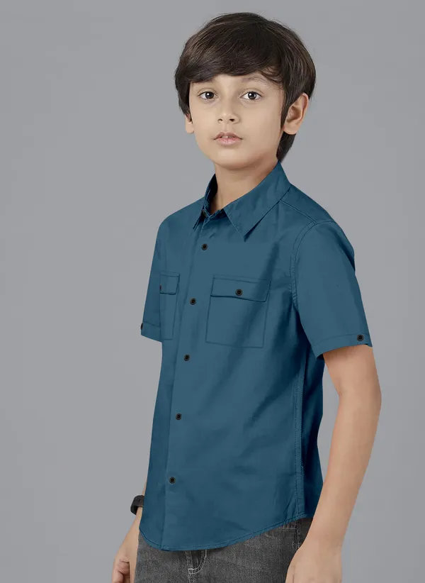 Blue_Cotton_Blend_Regular_Fit_Half_Sleeve_Solid_Long_Shirt_For_Boys