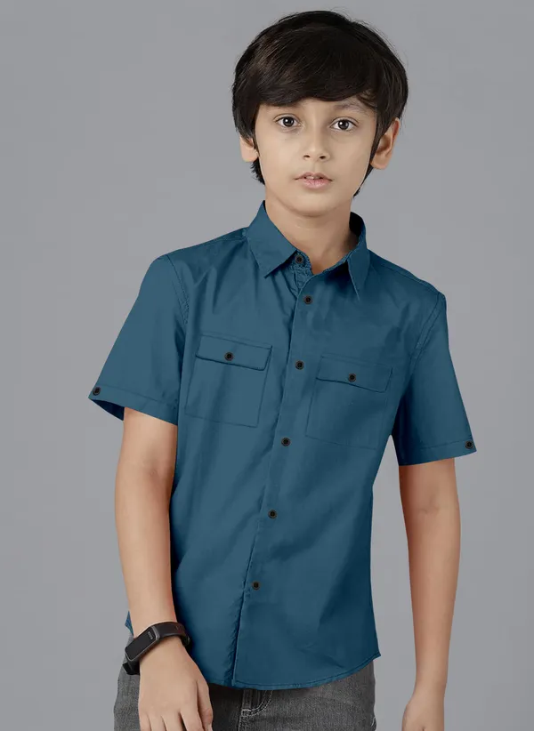 Blue_Cotton_Blend_Regular_Fit_Half_Sleeve_Solid_Long_Shirt_For_Boys