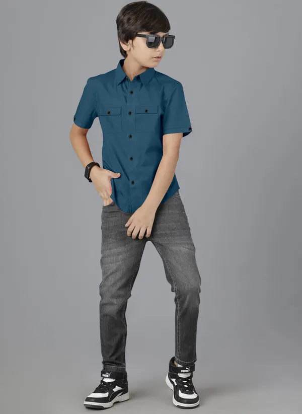 Blue_Cotton_Blend_Regular_Fit_Half_Sleeve_Solid_Long_Shirt_For_Boys