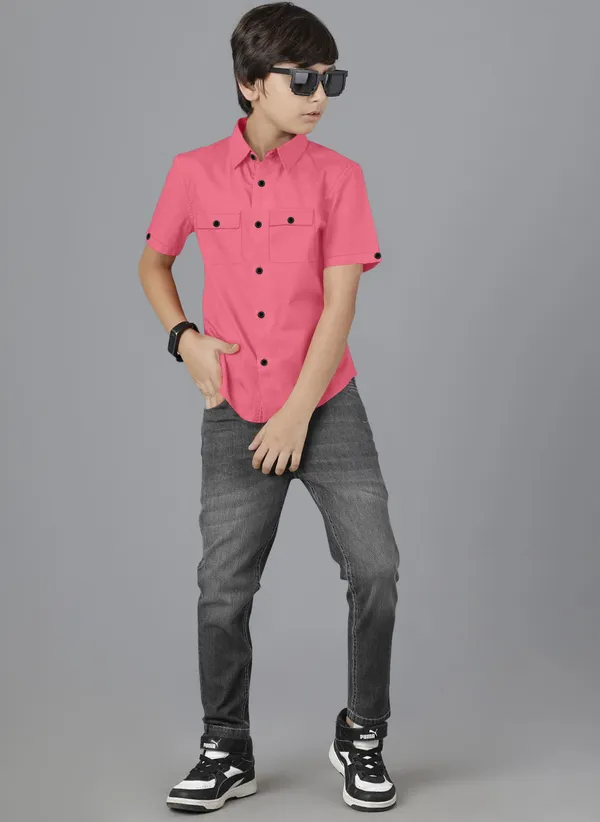 Pink_Cotton_Blend_Regular_Fit_Half_Sleeve_Solid_Long_Shirt_For_Boys