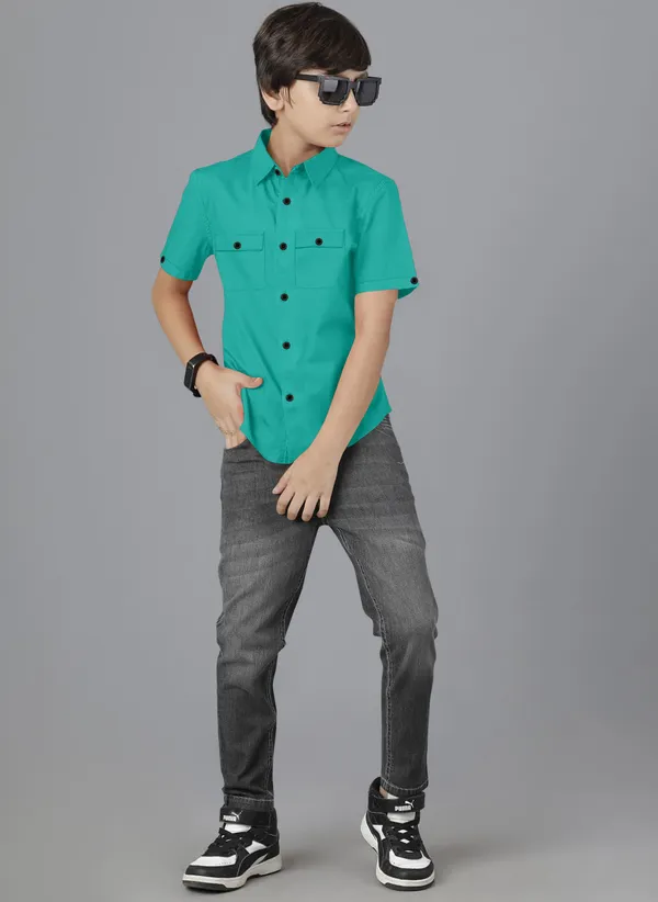 Sea_Green_Cotton_Blend_Regular_Fit_Half_Sleeve_Solid_Long_Shirt_For_Boys
