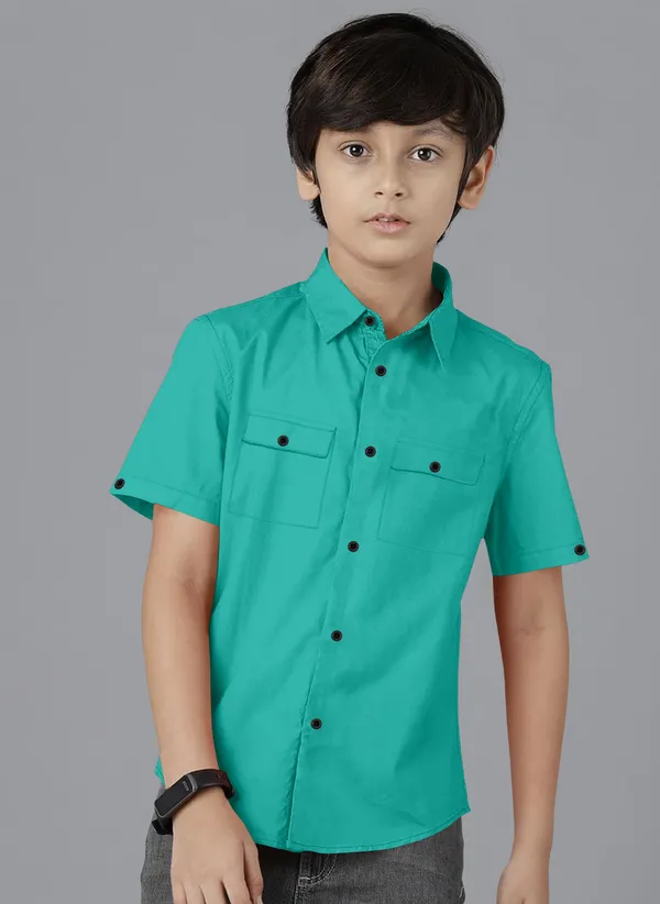 Sea_Green_Cotton_Blend_Regular_Fit_Half_Sleeve_Solid_Long_Shirt_For_Boys
