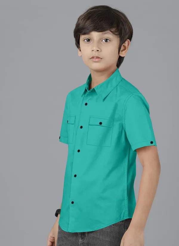 Sea_Green_Cotton_Blend_Regular_Fit_Half_Sleeve_Solid_Long_Shirt_For_Boys