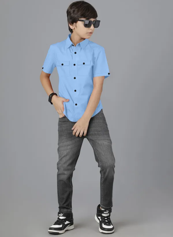 Light_Blue_Cotton_Blend_Regular_Fit_Half_Sleeve_Solid_Long_Shirt_For_Boys