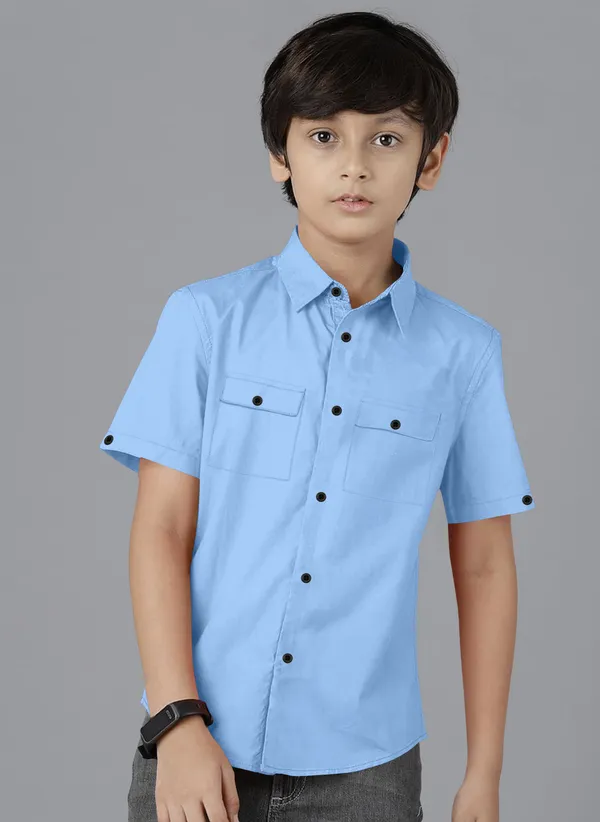 Light_Blue_Cotton_Blend_Regular_Fit_Half_Sleeve_Solid_Long_Shirt_For_Boys