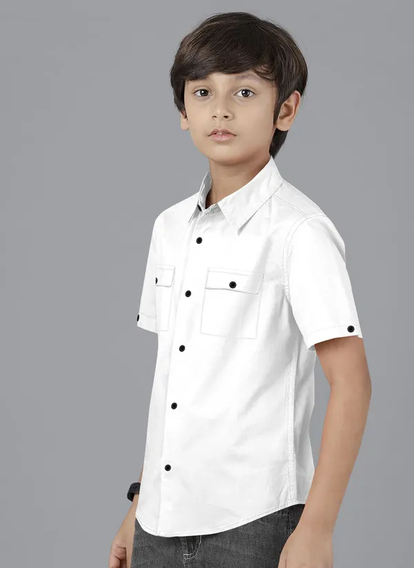 White_Cotton_Blend_Regular_Fit_Half_Sleeve_Solid_Long_Shirt_For_Boys